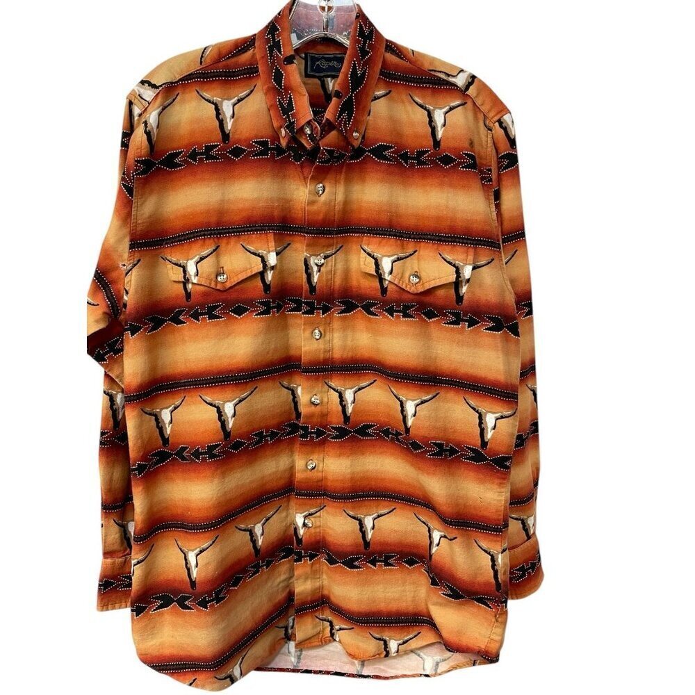 Roper Western Men's Multi Colored Sz M Bull Head Long Sleeve Shirt 15 1/2 33